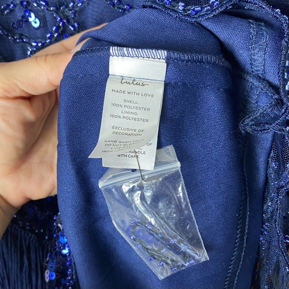 Lulus NWT Sparkling Flair Navy Blue Sequin Beaded Fringe Mini Dress M Glam Party - Picture 7 of 7